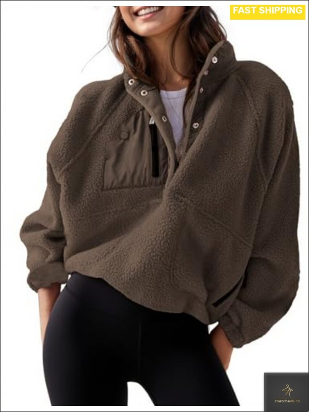Cropped Fleece Pullover Jacket Half Snap Button Fuzzy Sherpa Coat Pockets
